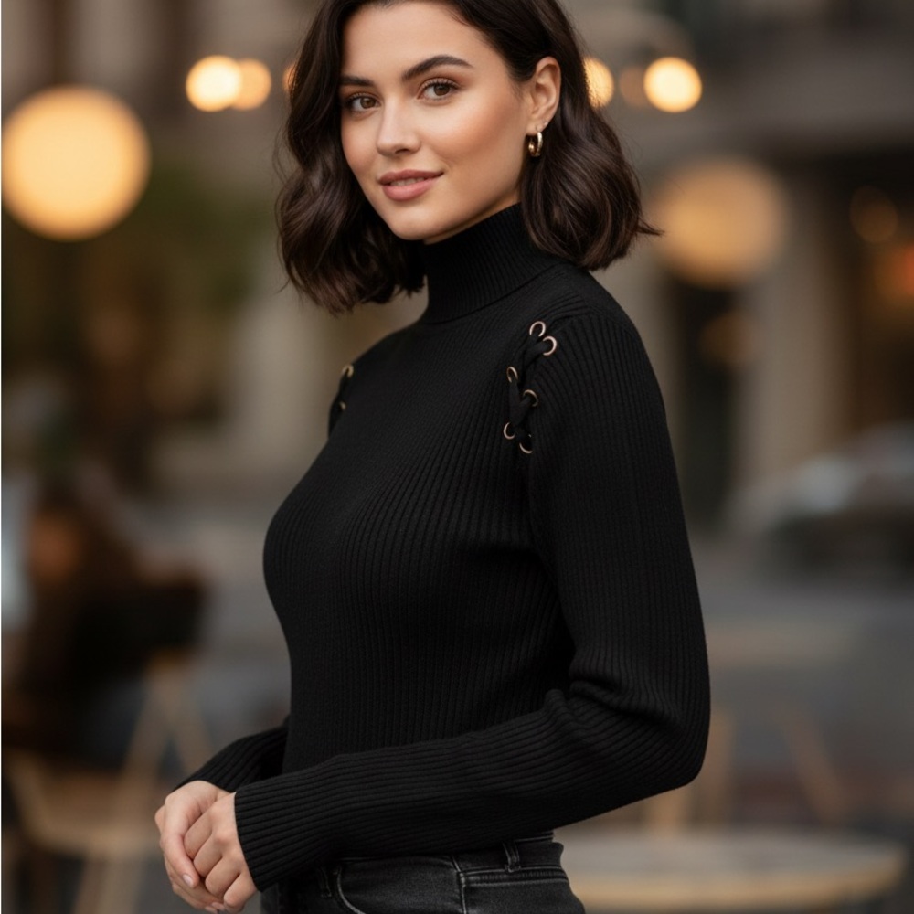 Black Ribbed Women Top with Eyelet Detail